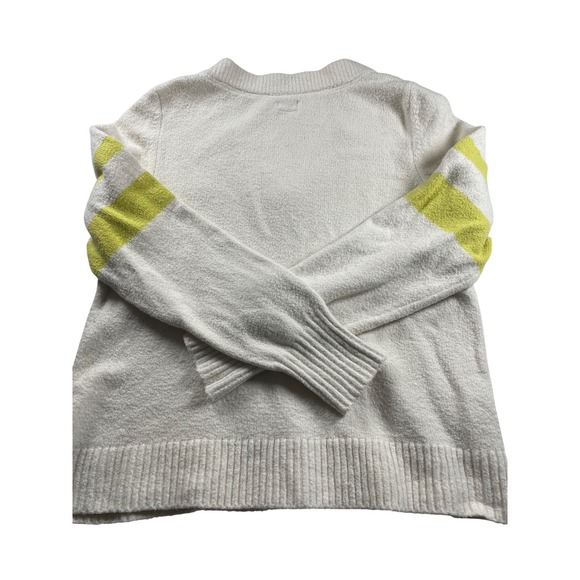 Faherty V Neck Fuzzy Knit Sweater White Neon Green Stripe Accent Size L - Picture 4 of 7